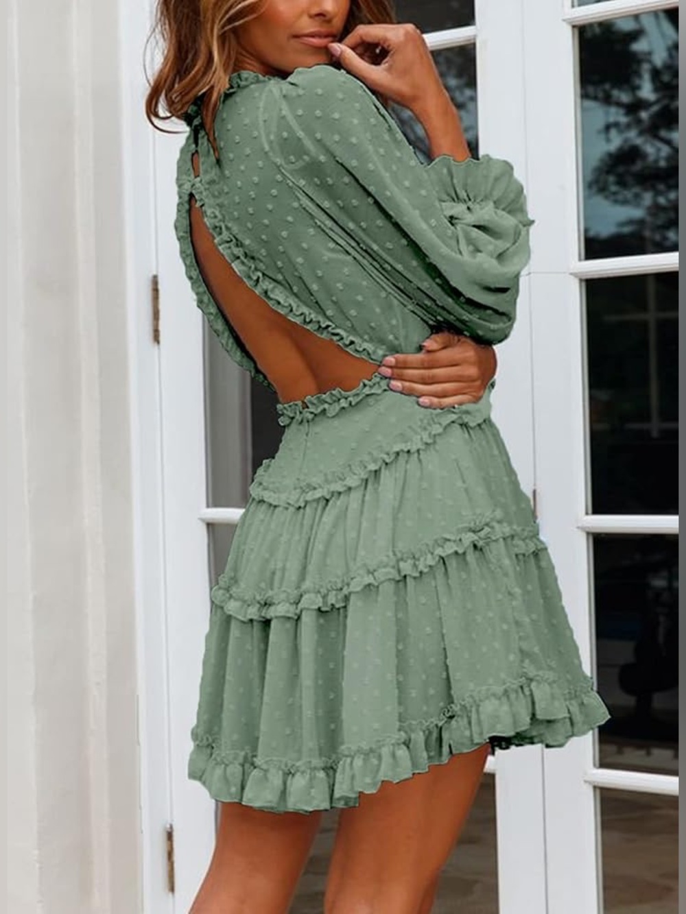 Green Long Sleeve Ruffle Layer Backless Mini Dress